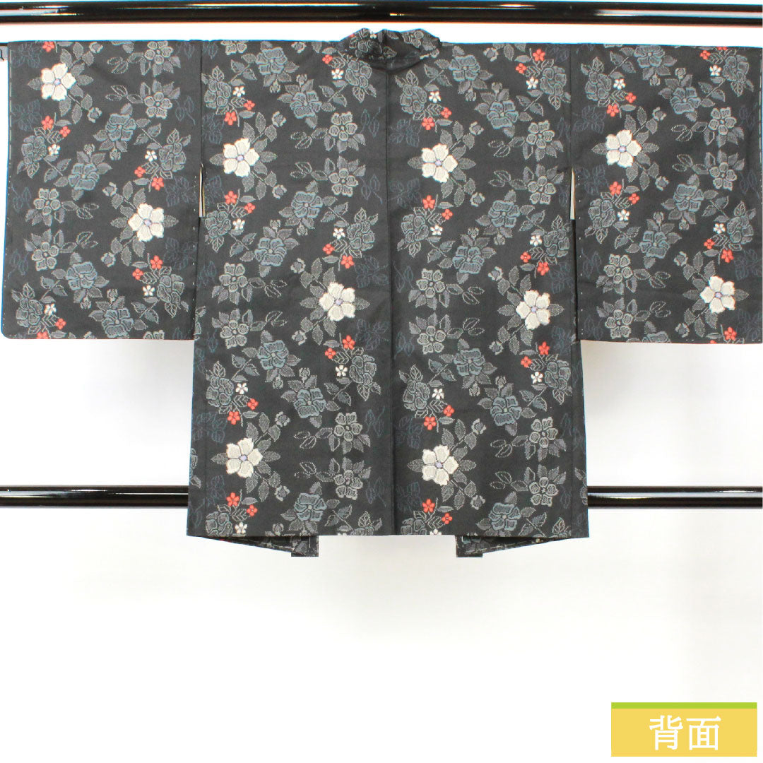 羽織 正絹 身丈83cm 裄丈65.5cm 村山大島 草花模様 しつけ糸付き 未使用品 Sランク 袷 黒系 1117001142910