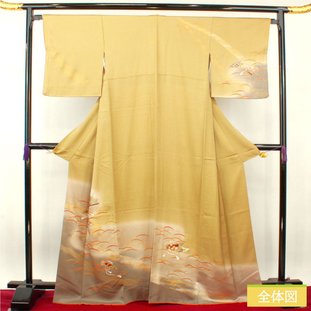 訪問着 袷 身丈167cm 裄丈66cm 芽色 京友禅 露草 巻物 一つ紋 剣片喰 正絹 Aランク 黄系 1112003933523