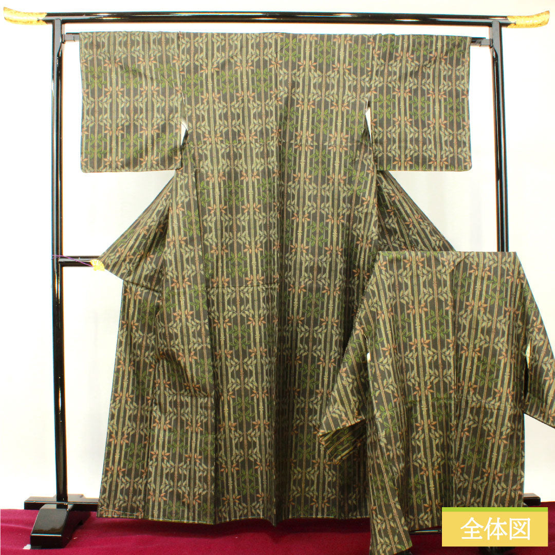 村山大島 正絹 身丈162.5cm 裄丈65.5cm アンサンブル 竹模様 しつけ糸付き 未使用品 Sランク 袷 黒系 1116003252410