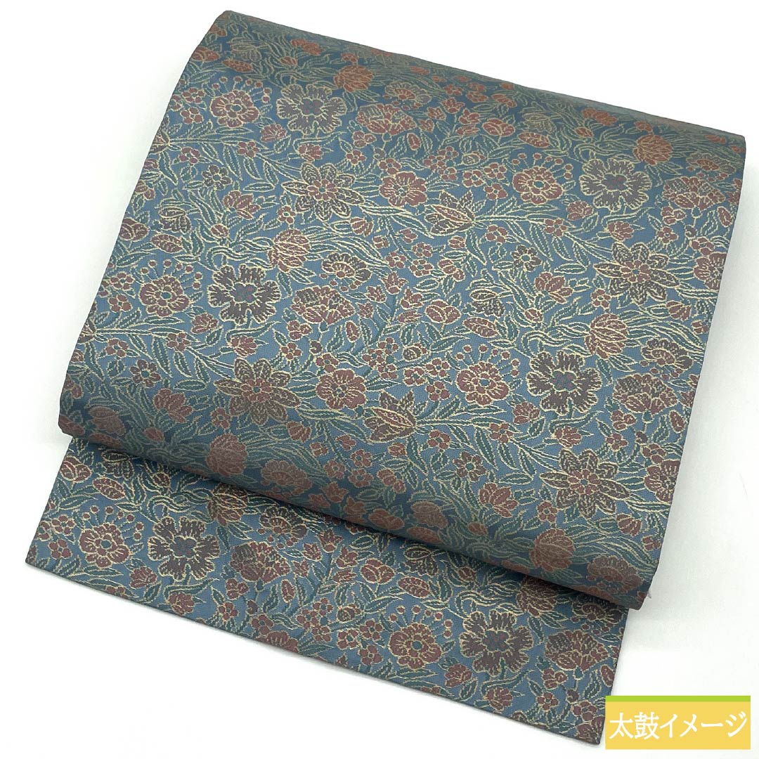 Nagoya Obi, Rust-Light Blue (Sabi Asagiiro) with Floral Pattern, 362cm Long, Pure Silk, S-Rank, Full Length, Semi-Formal, Light Blue, Item Number: 1124008842324, Nagoya Style