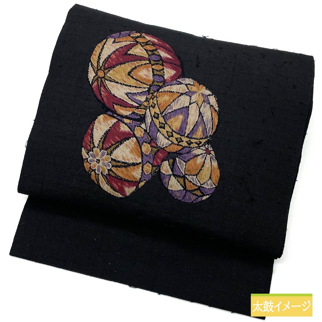 名古屋帯 パッチワーク 毬 ひげ紬 帯丈367cm 正絹 Sランク ポイント柄 カジュアル 黒系 1124007882310 名古屋仕立て