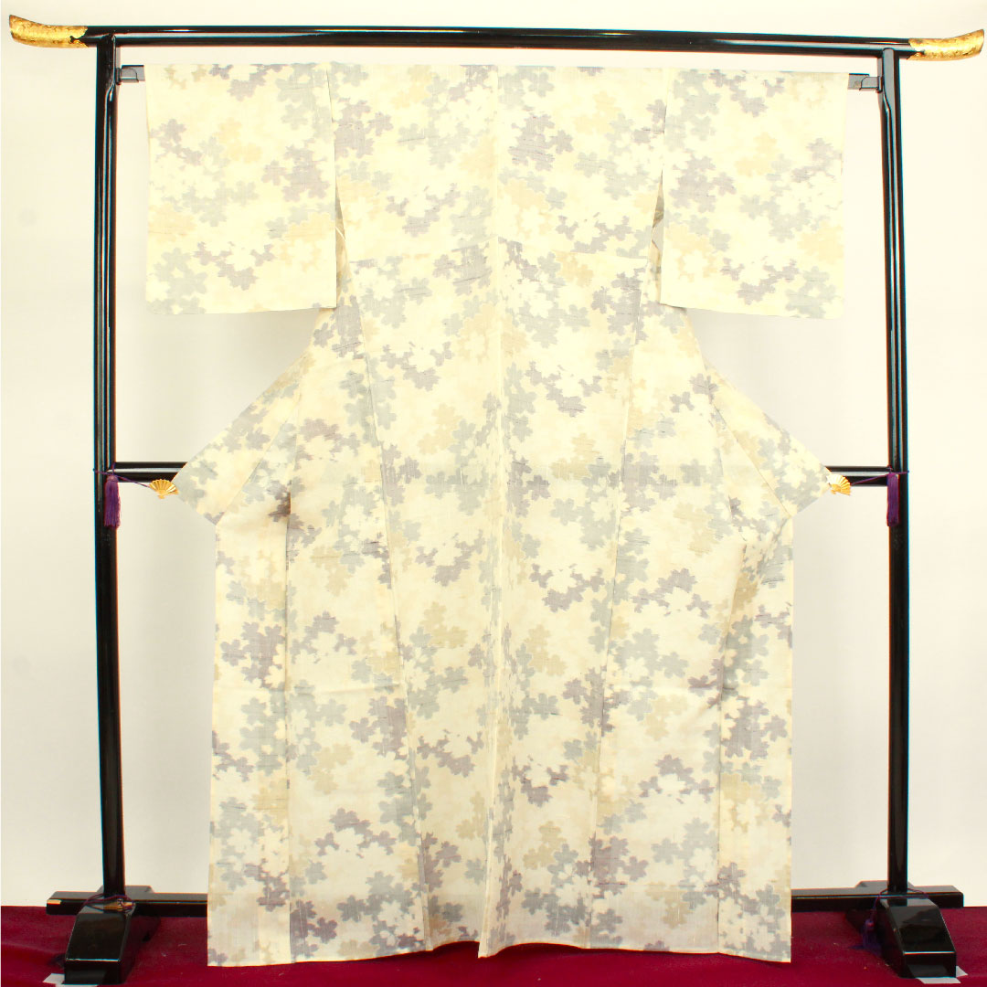 生紬 身丈167cm 裄丈66cm 乳白色 抽象模様 正絹 Sランク 単衣 クリーム系 1116002552515