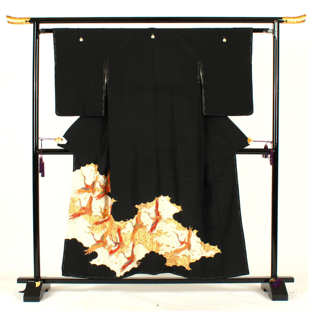 黒留袖 身丈155.5cm 裄丈61.5cm 袷 京友禅 鶴 片喰 正絹 Bランク 五つ紋 黒系 1111000344310