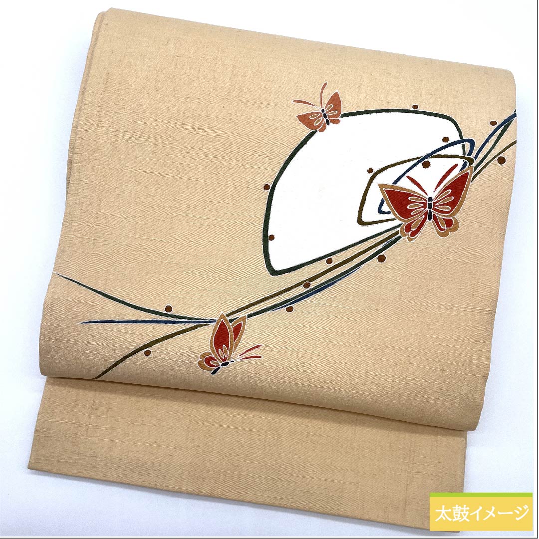 袋帯 薄柿色(うすがきいろ) 蝶 染め帯 紬地 帯丈462cm 正絹 Sランク ポイント柄 カジュアル 橙系 1123010622426