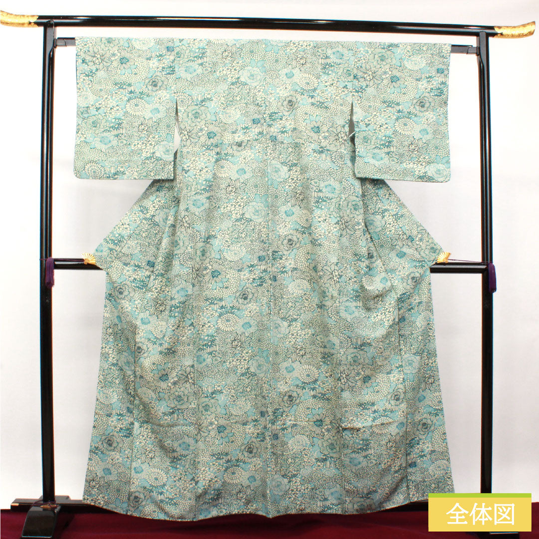 小紋 ポリエステル 身丈160.5cm 裄丈63.5cm 袷 卯の花色 型染 菊 竹 洗える着物 Sランク 白系 1115003752411
