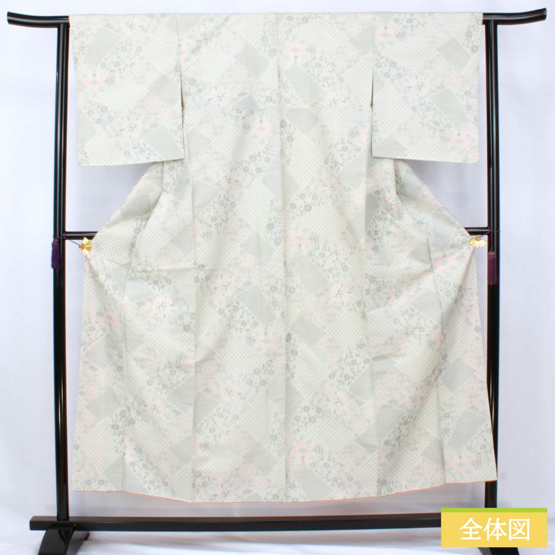 紬 ポリエステル Sランク 身丈153cm 裄丈63cm 卯の花色(うのはないろ) 草花 洗える着物 袷 白系 1116004642211