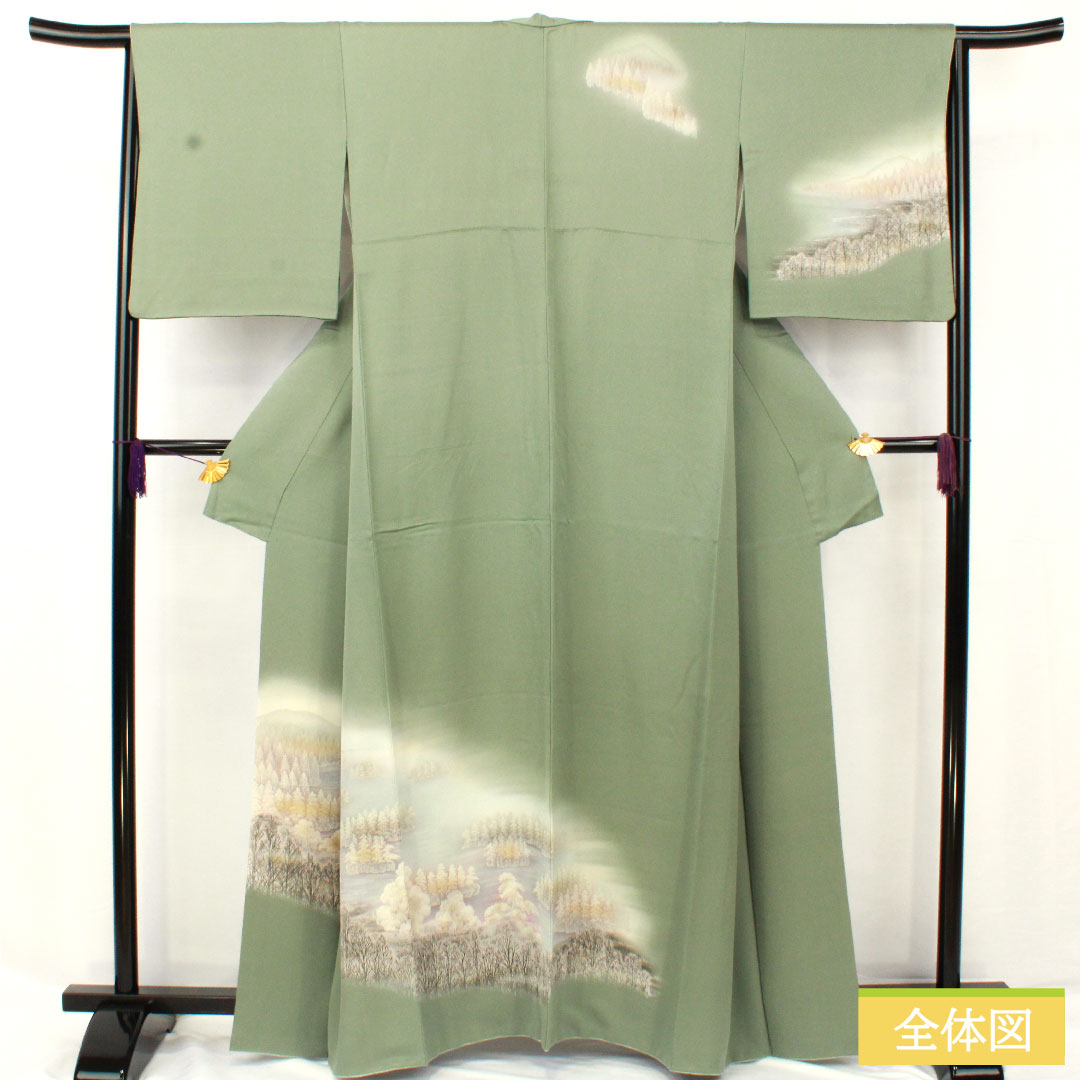 訪問着 正絹 袷 身丈162.5cm 裄丈65cm 裏葉色(うらはいろ) 風景模様 Aランク 緑系 1112005853419