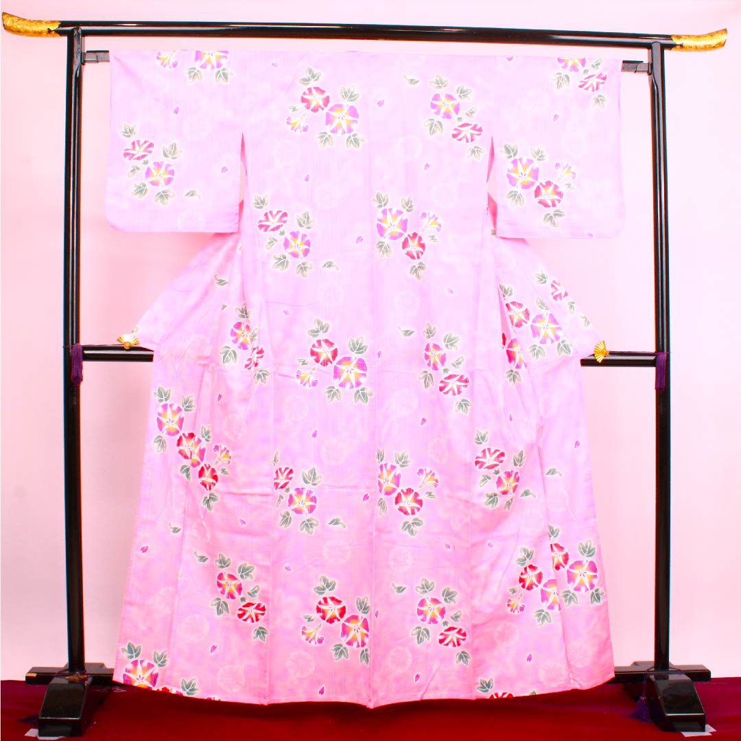 浴衣 洎夫藍色 浅紅色 朝顔 銀糸 木綿 Sランク 単衣 身丈162cm 裄丈64cm ピンク系 1118004252413