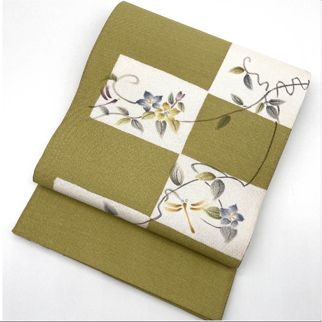 袋帯 梨子色(なしいろ) とんぼ 桔梗 染め帯 帯丈456cm 正絹 Aランク ポイント柄 カジュアル 緑系 1123008863419