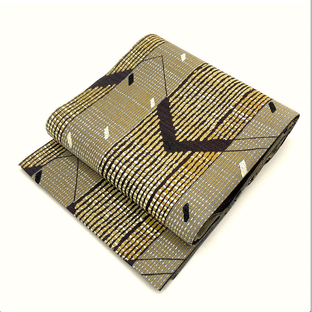 袋帯 幾何学模様 帯丈436cm 正絹 Sランク 六通 カジュアル グレー系 1123004312322