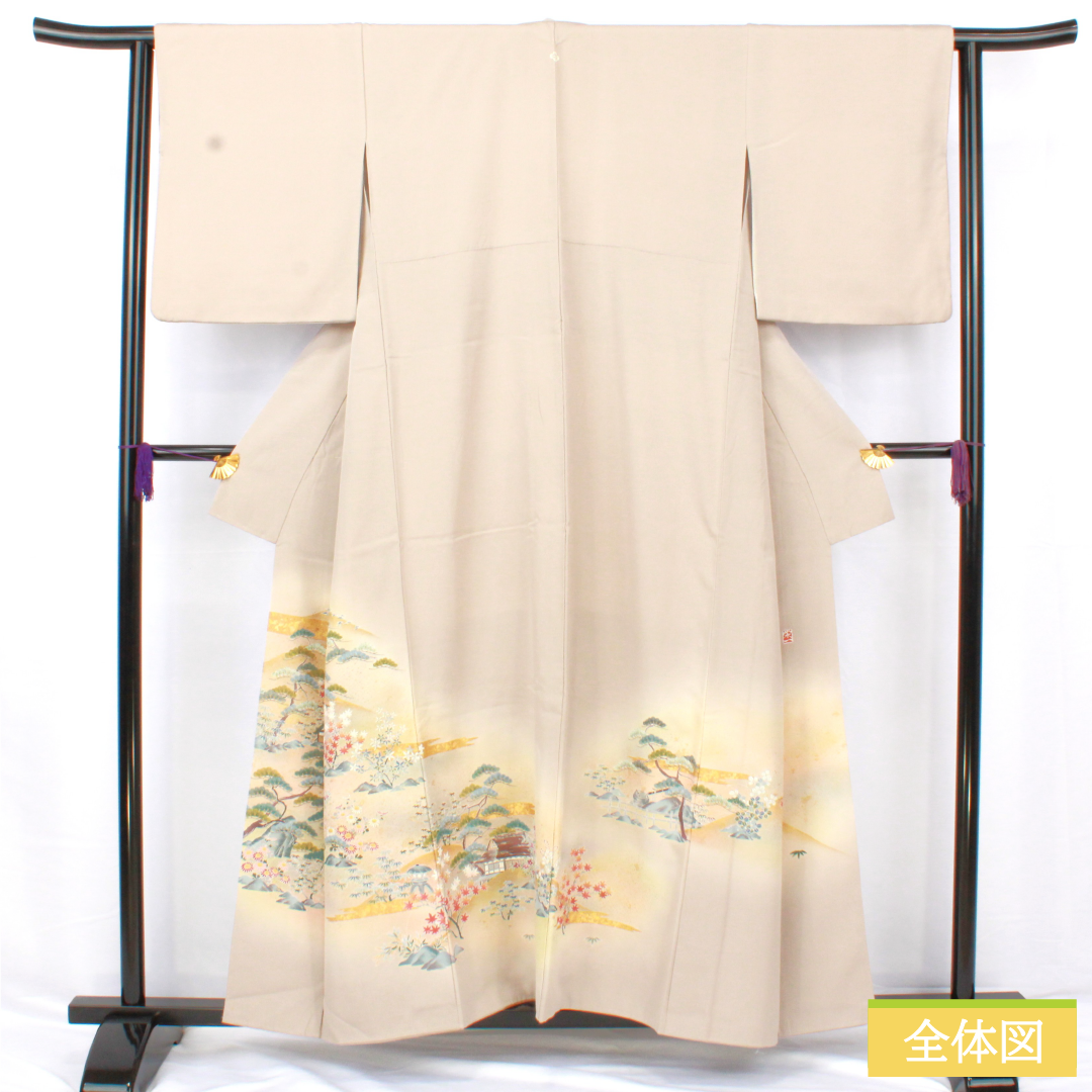 色留袖 正絹 身丈157cm 裄丈63cm 袷 白茶色(しらちゃいろ) 京友禅 作家物 銀閣寺 五つ紋 木瓜 Aランク ベージュ系 1111001553325