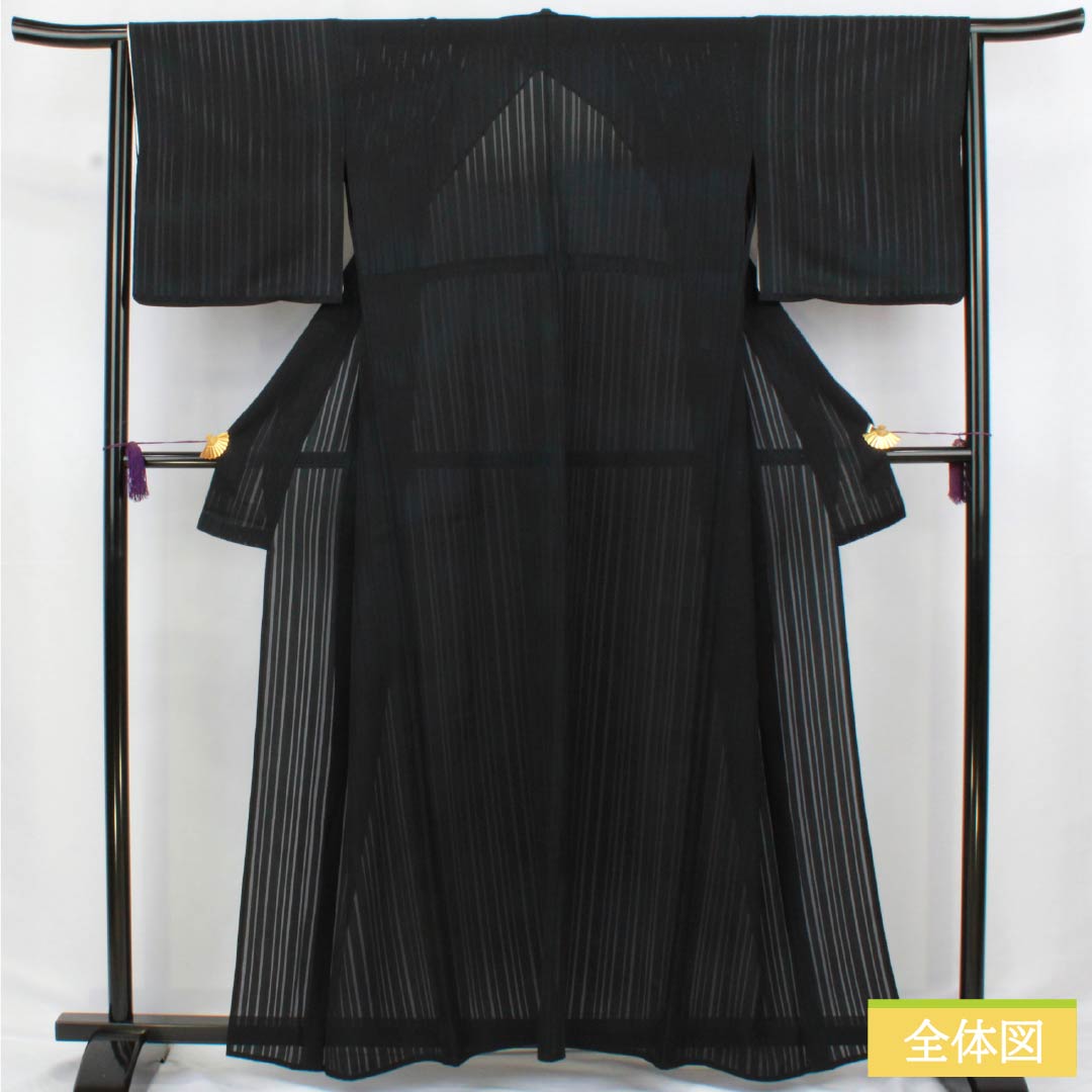 夏物 正絹 色無地 身丈161cm 裄丈63cm 竪絽 ボカシ染 うそつき襦袢 絽 Aランク 黒系 1132002723410