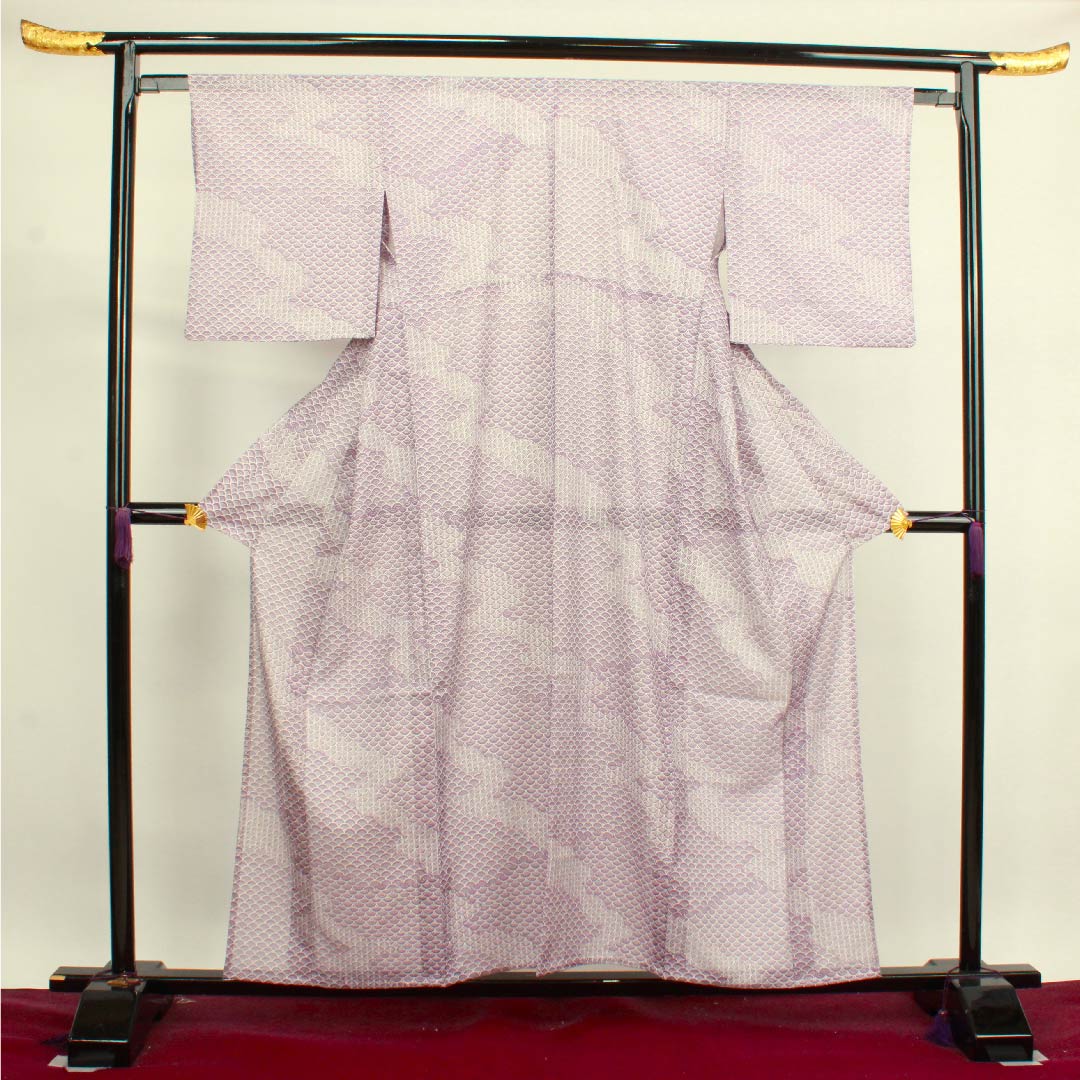Summer polyester komon, length 157cm, sleeve length 62.5cm, half-color (hashitairo), Seigaiha, silk, S rank, purple, 1132000282320