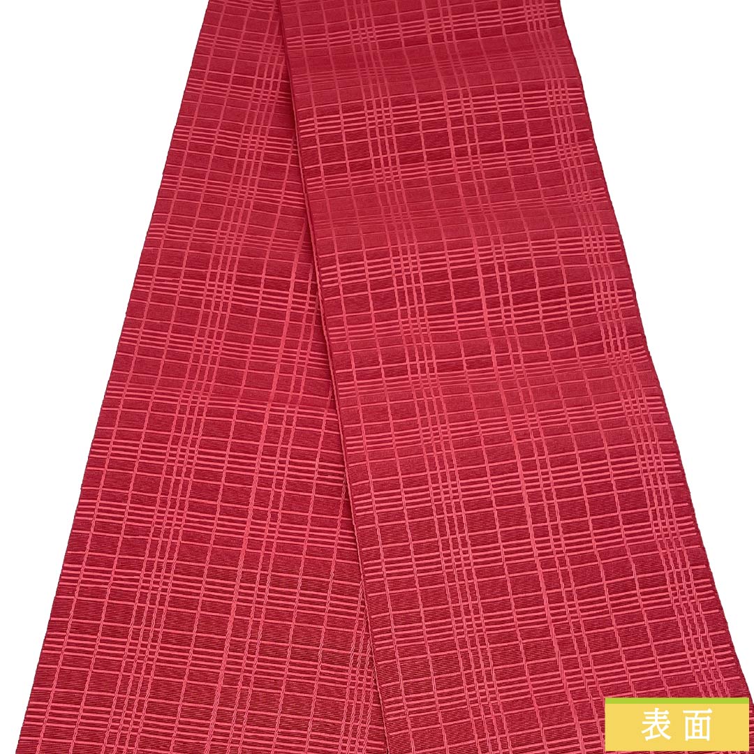 半幅帯 ポリエステル Sランク 火裏紅色(かりこういろ) 格子 広幅 帯丈351cm 赤系 1125003642312