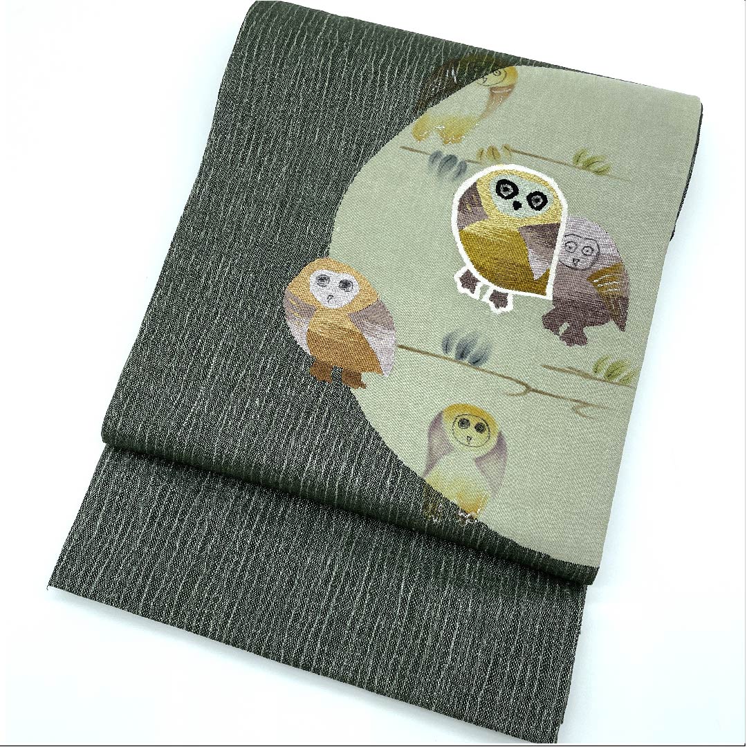 Fukuro Obi (blackish green obi) with an owl, obi length 460cm, pure silk, S rank, point pattern, casual, green, 1123008932419