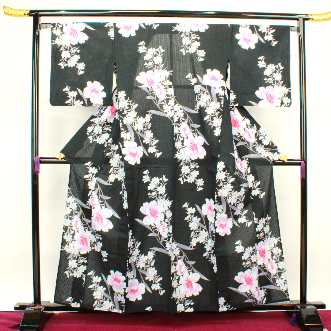 浴衣 牡丹 木綿 Sランク 単衣 身丈158cm 裄丈67.5cm 黒系 1118002112310
