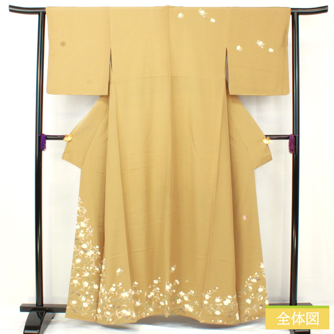 訪問着 正絹 袷 身丈159cm 裄丈62cm 楊梅色(やまももいろ) 京友禅 山茶花 Sランク 黄系 1112005232323