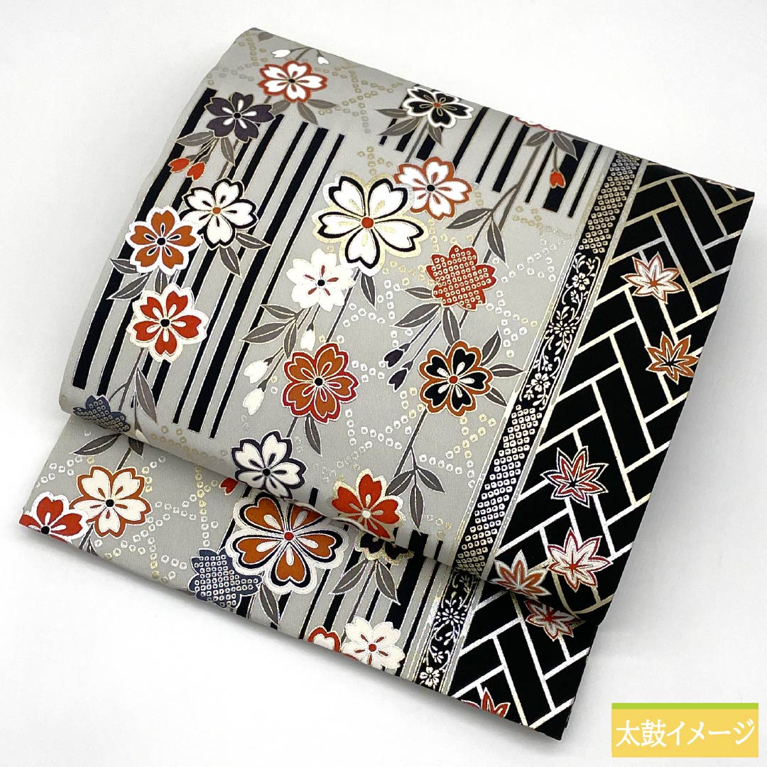 名古屋帯 ポリエステル Aランク 白鼠色(しろねずいろ) 染め帯 古典柄 桜 帯丈360cm 全通 セミフォーマル グレー系 1124010883322 開き仕立て