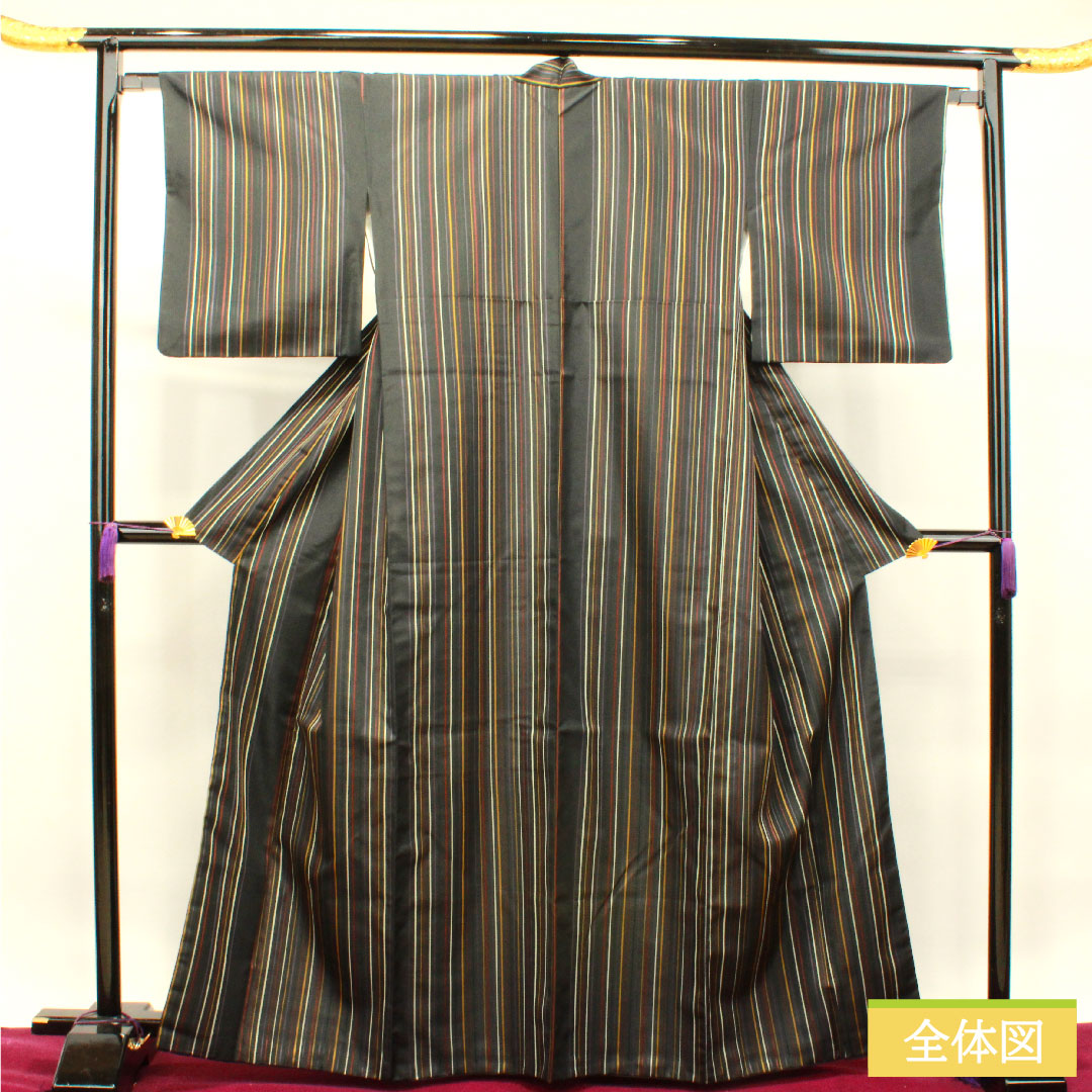 小紋 ポリエステル 身丈164.5cm 裄丈65cm 袷 洗える着物 縞模様 Sランク 黒系 1115003952410