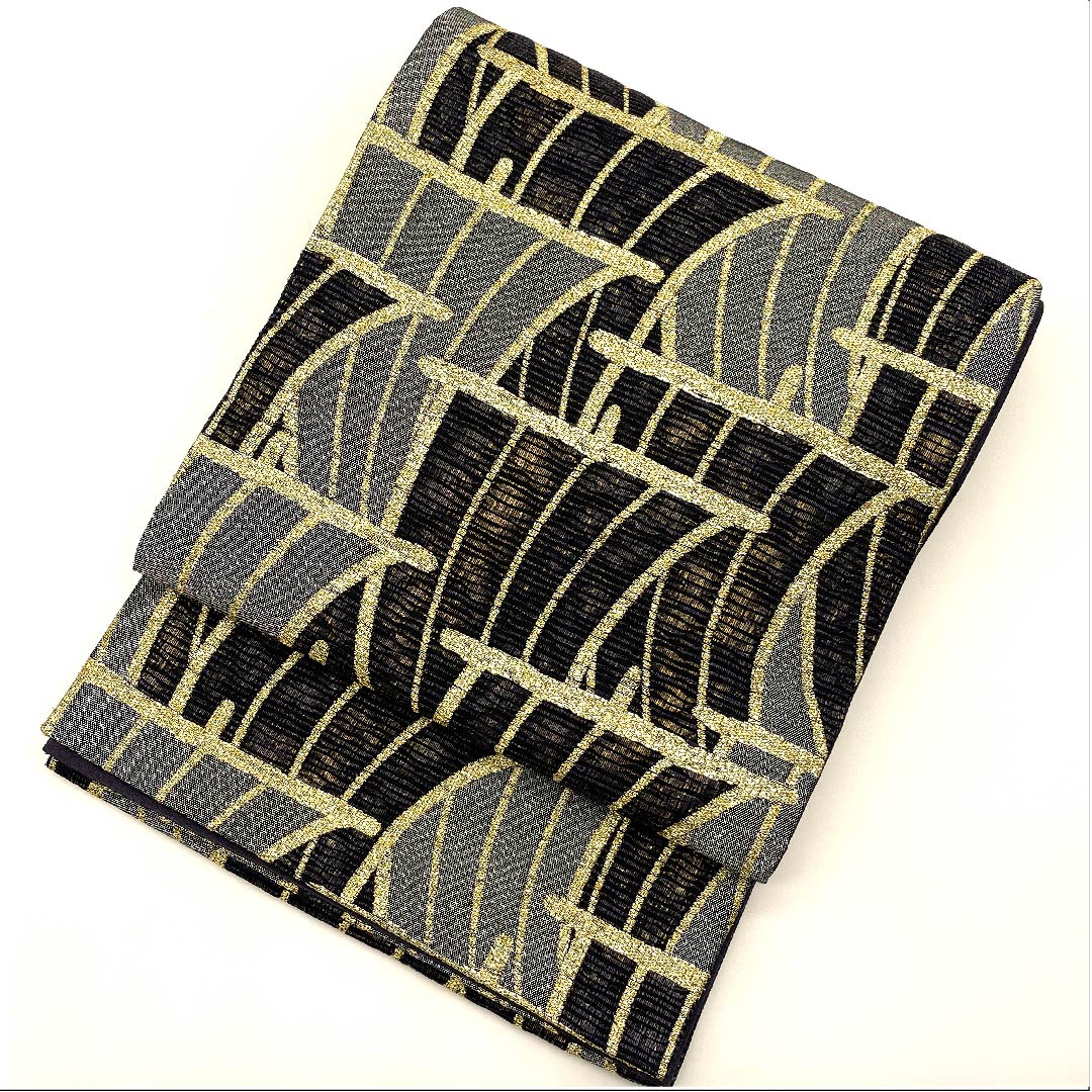 袋帯 緋l紺色(ひこんいろ) 太箔 幾何学模様 帯丈433cm 正絹 Sランク 六通 セミフォーマル 黒系 1123008632310