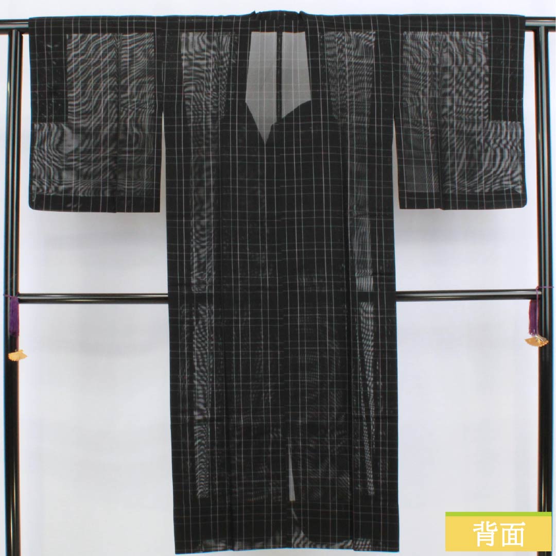 雨コート ポリエステル Sランク 身丈126cm 裄丈63cm 格子 収納ケース付き 紗 黒系 1117001242910