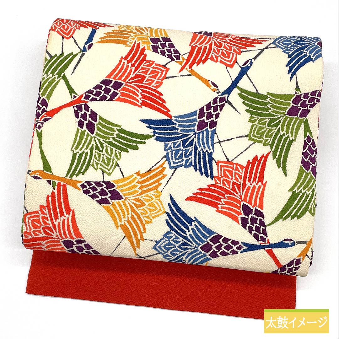 名古屋帯 生成り色(きなりいろ) 鶴 ちりめん地 帯丈368cm 正絹 Aランク 全通 カジュアル 白系 1124006483311 名古屋仕立て