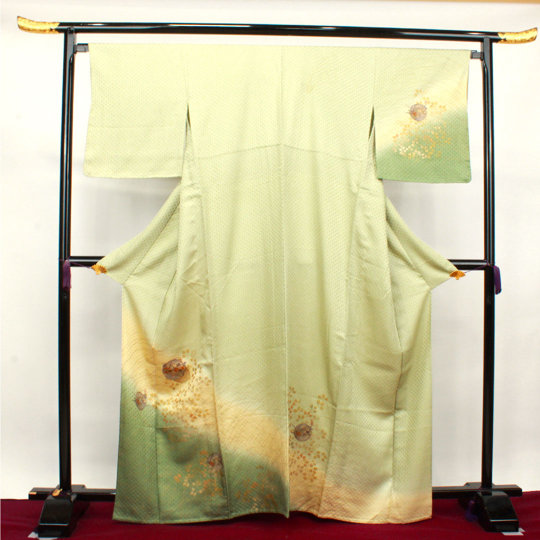 訪問着 正絹 単衣 身丈165.5cm 裄丈67cm 薄柳色 刺繡 萩 しつけ糸付き 未使用品 パールトーン加工 Sランク 緑系 1112003272519