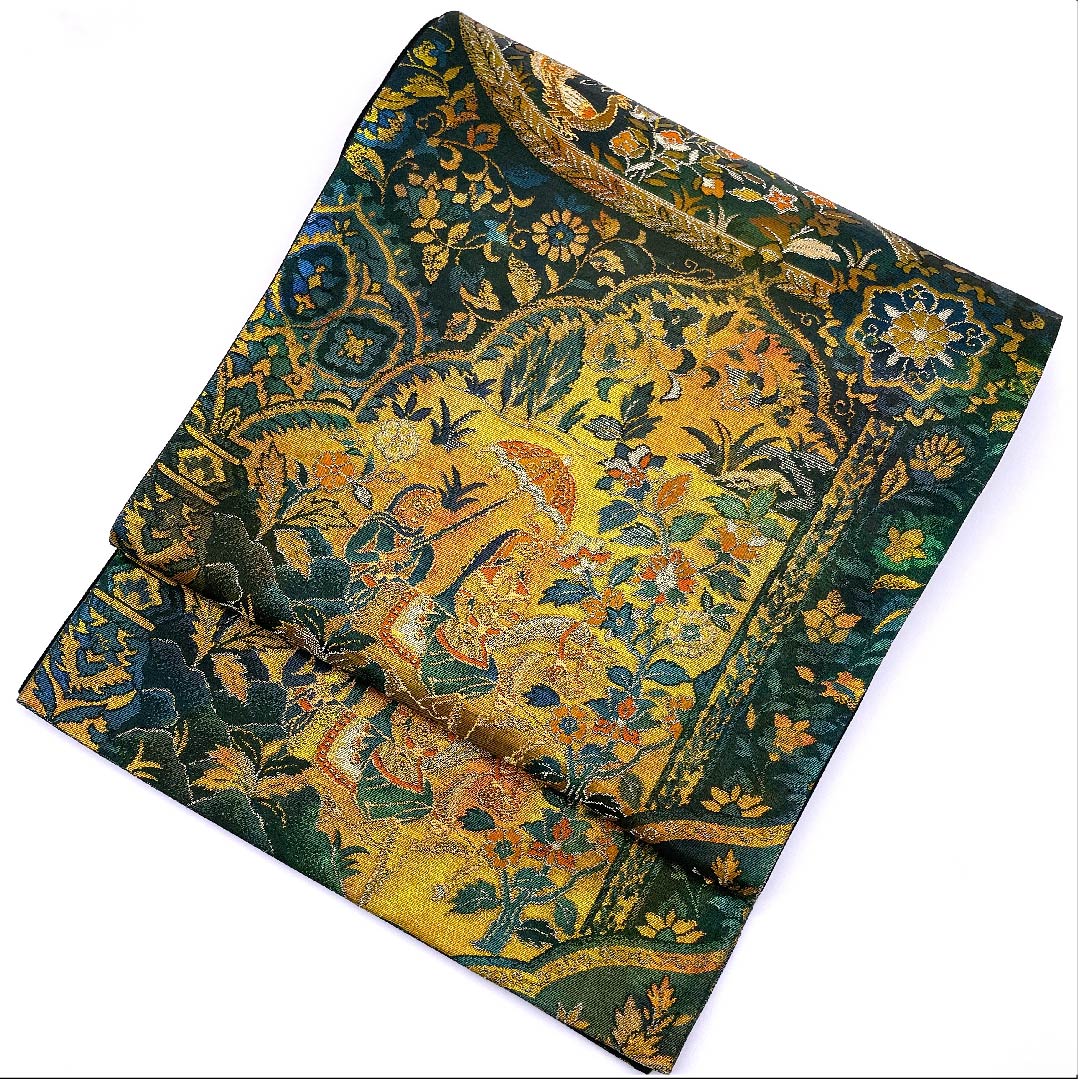 袋帯 ペルシャ模様 玉虫色 帯丈417cm 正絹 Sランク 六通 セミフォーマル 緑系 1123008432319
