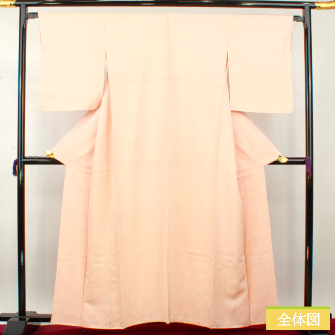 色無地 正絹 身丈159cm 裄丈66.5cm 乙女色(おとめいろ) 抽象模様 一つ紋 中陰桔梗 袷 Aランク ピンク系 1114001363313