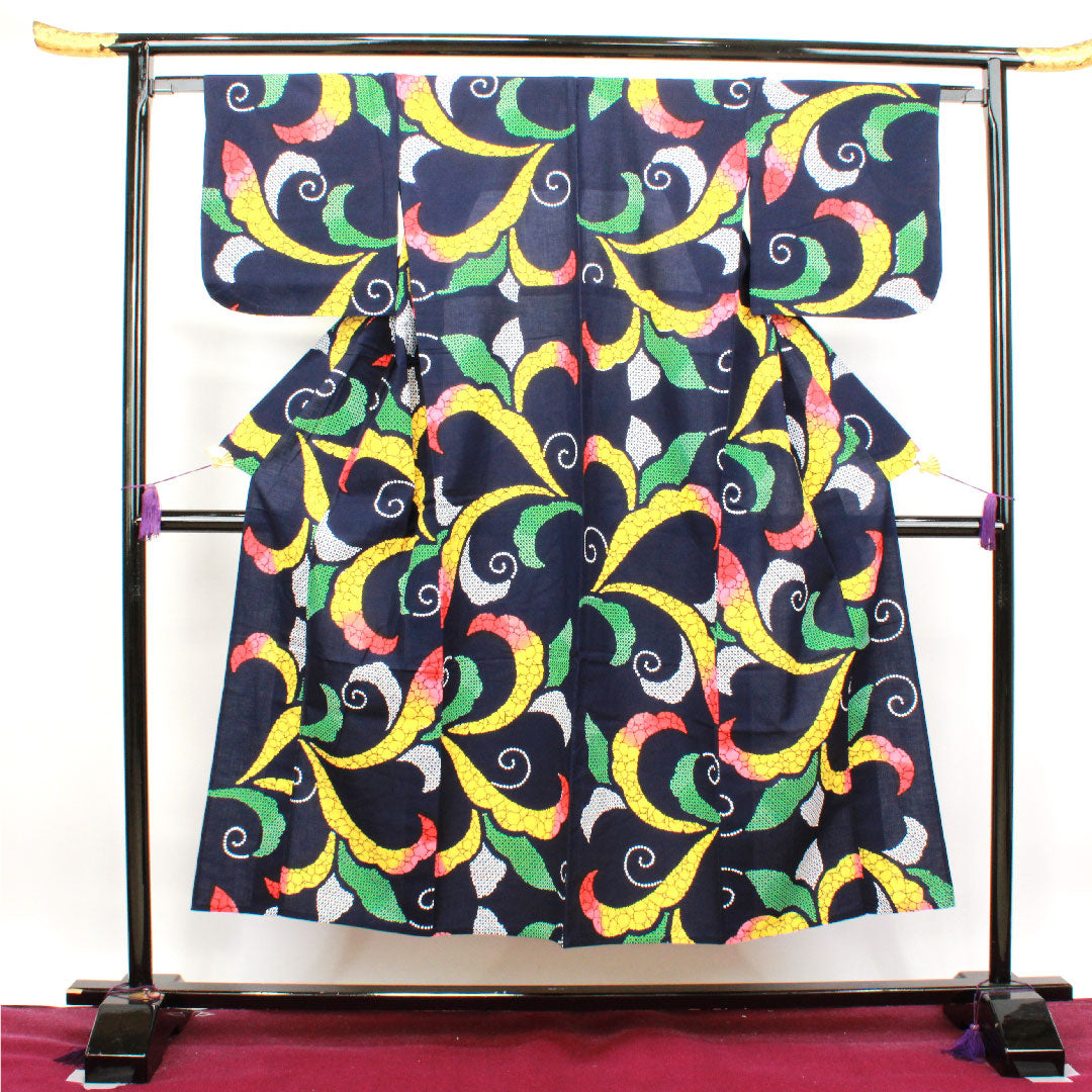 浴衣 濃紺色 抽象模様 木綿 Sランク 単衣 身丈147.5cm 裄丈64cm 紺系 1118003622118