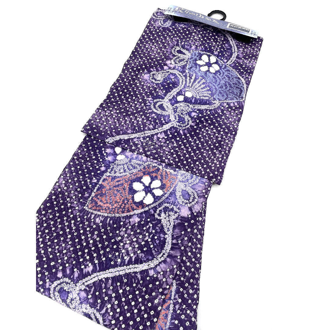 (新品)浴衣 有松鳴海本絞り 身丈163cm 裄丈68cm 扇模様木綿 NEWランク 単衣 身丈163cm 紫系 1118000701420