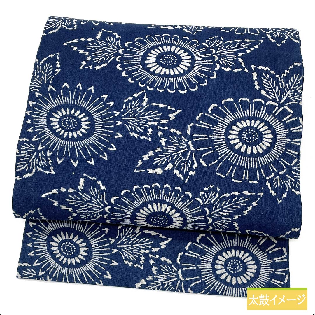 名古屋帯 正絹 紺藍色(こんあいいろ) 型染 花柄 帯丈349cm Sランク 六通 カジュアル 紺系 1124006272318 名古屋仕立て
