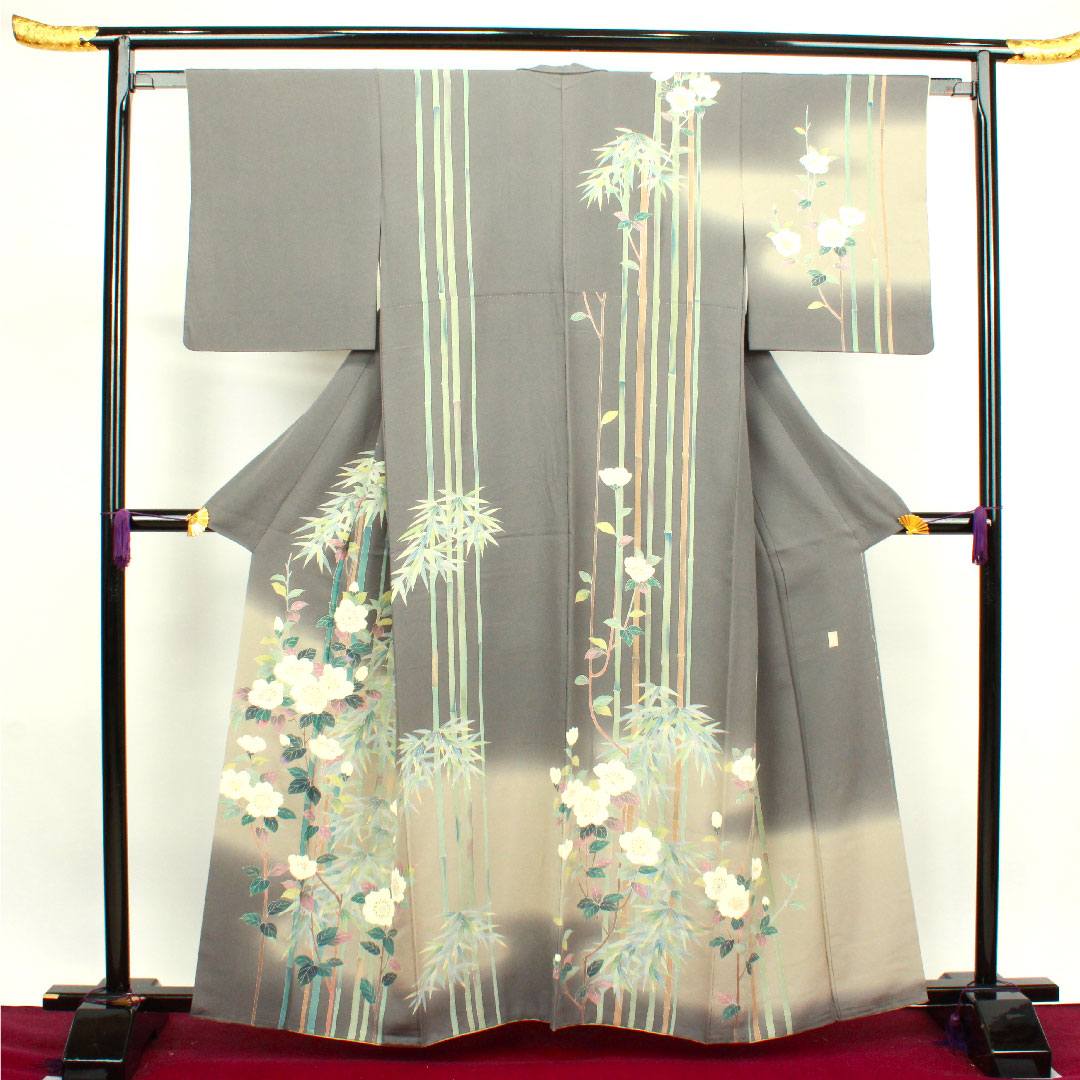 訪問着 袷 身丈160cm 裄丈63cm 素鼠色 作家物 加賀草木染 竹 梅 正絹 Aランク グレー系 1112002673422