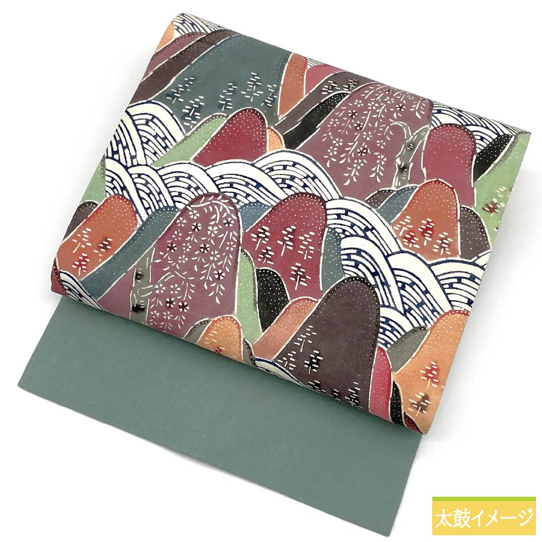 名古屋帯 正絹 Aランク 豆青色(とうせいいろ) 型染 紅型調 遠山 帯丈350cm 六通 カジュアル 緑系 1124010473319 名古屋仕立て