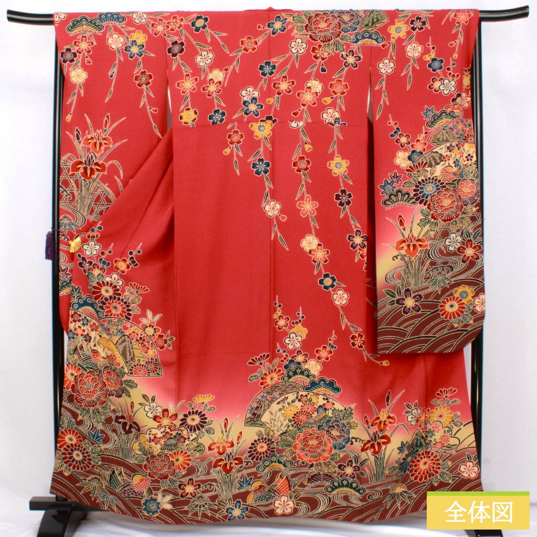 振袖 正絹 Sランク 身丈162.5cm 裄丈68cm 袷 紅絹色(もみいろ) 京紅型 吉祥文様 草花 扇面 流水 赤系 1113002672412
