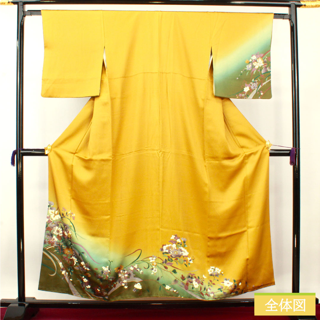 訪問着 正絹 袷 身丈156.5cm 裄丈62.5cm 黄土色(おうどいろ) 京友禅 草花模様 スコッチガード加工 Sランク 黄系 1112004422323