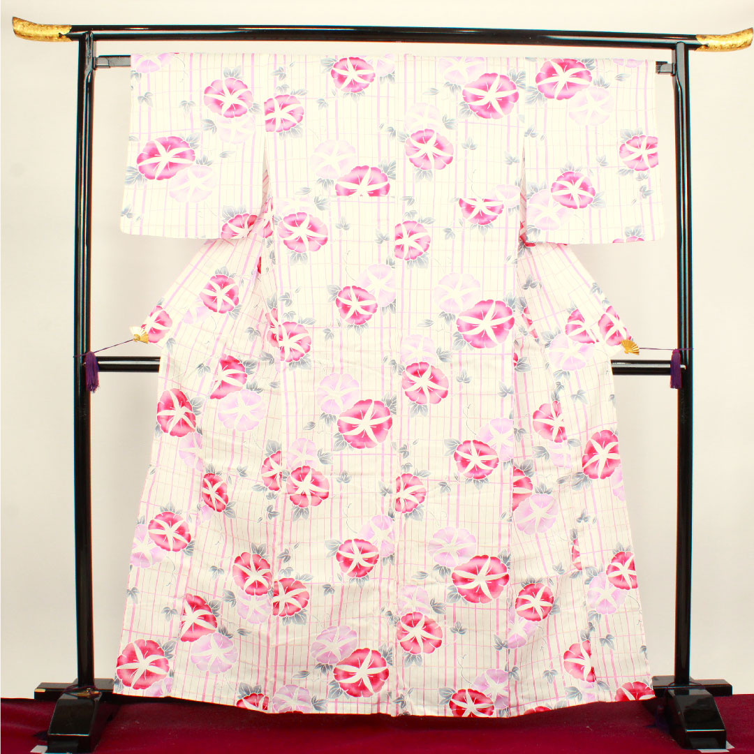 浴衣 朝顔 格子 木綿 Sランク 単衣 身丈162.5cm 裄丈65cm 白系 1118001512411