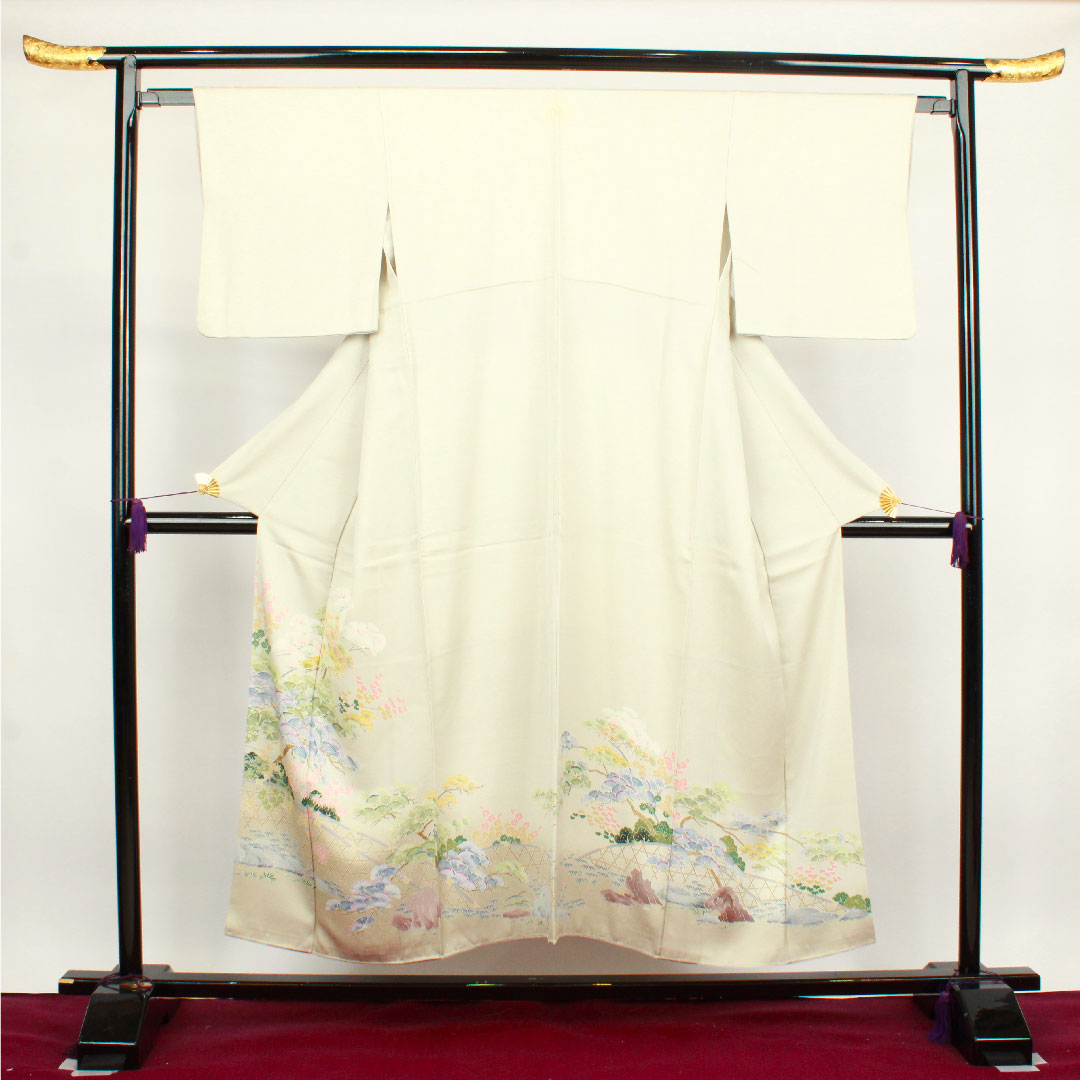色留袖 身丈151cm 裄丈61.5cm 袷 灰白色 京友禅 草花模様 細輪に木瓜 正絹 Sランク 一つ紋 グレー系 1111001062222