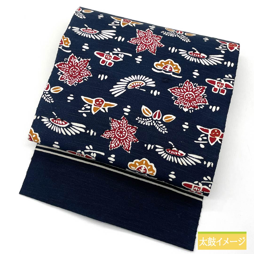 名古屋帯 燻色(ふすべいろ) 型染 紬地 民芸調 帯丈350cm 正絹 Sランク 全通 カジュアル 紺系 1124006552318 名古屋仕立て