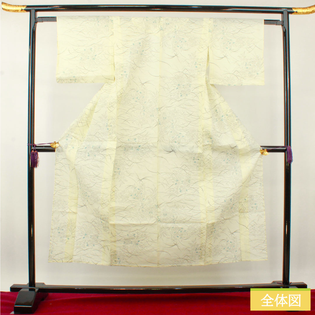 夏物 正絹 紬 身丈151cm 裄丈60.5cm 白百合色(しらゆりいろ) 草花模様 紗 Sランク クリーム系 1132001862215