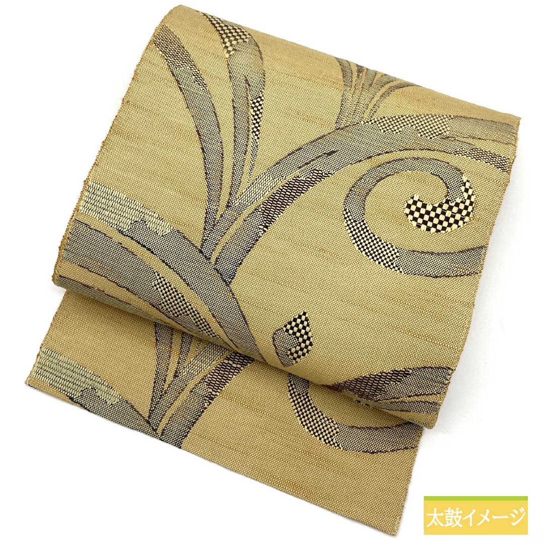 名古屋帯 麦藁色(むぎわらいろ) 抽象模様 帯丈361cm ポリエステル Sランク 六通 カジュアル 黄系 1124007562323 名古屋仕立て