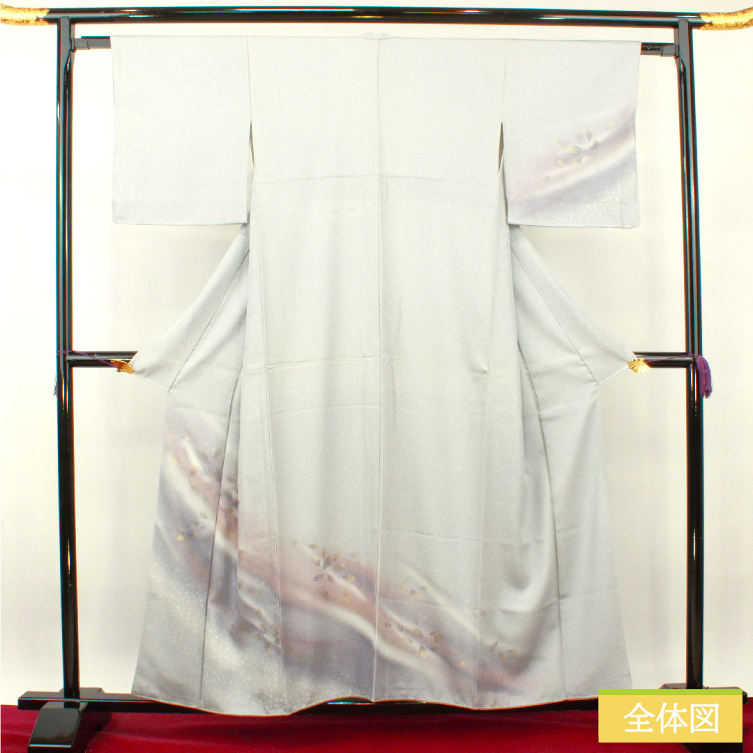 訪問着 正絹 袷 身丈156.5cm 裄丈63cm 白銅色 タタキ染 葉っぱ模様 しつけ糸付き 未使用品 Sランク グレー系 1112003612322