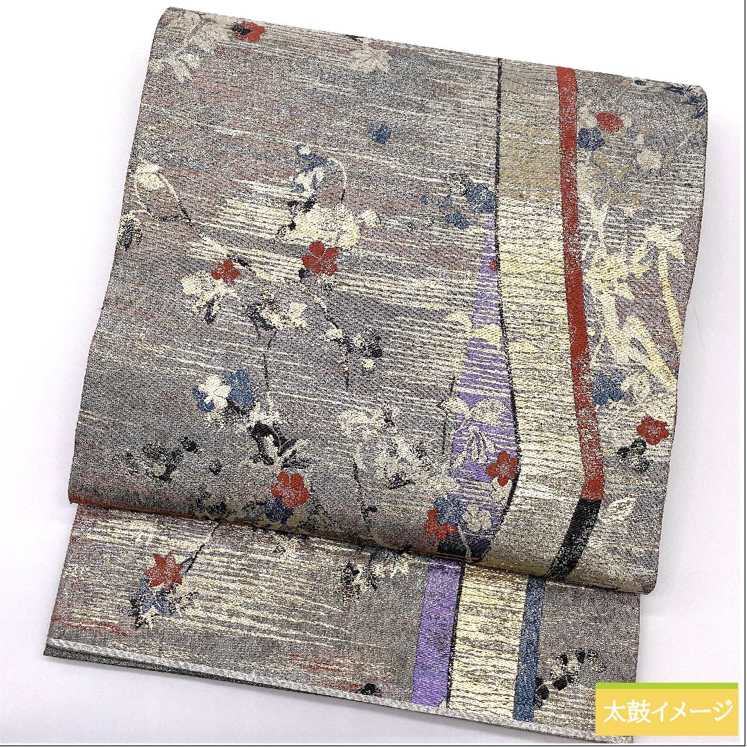 袋帯 空色鼠色(そらいろねずいろ) 紅葉 梅 帯丈444cm 正絹 Sランク 六通 フォーマル グレー系 1123010472322