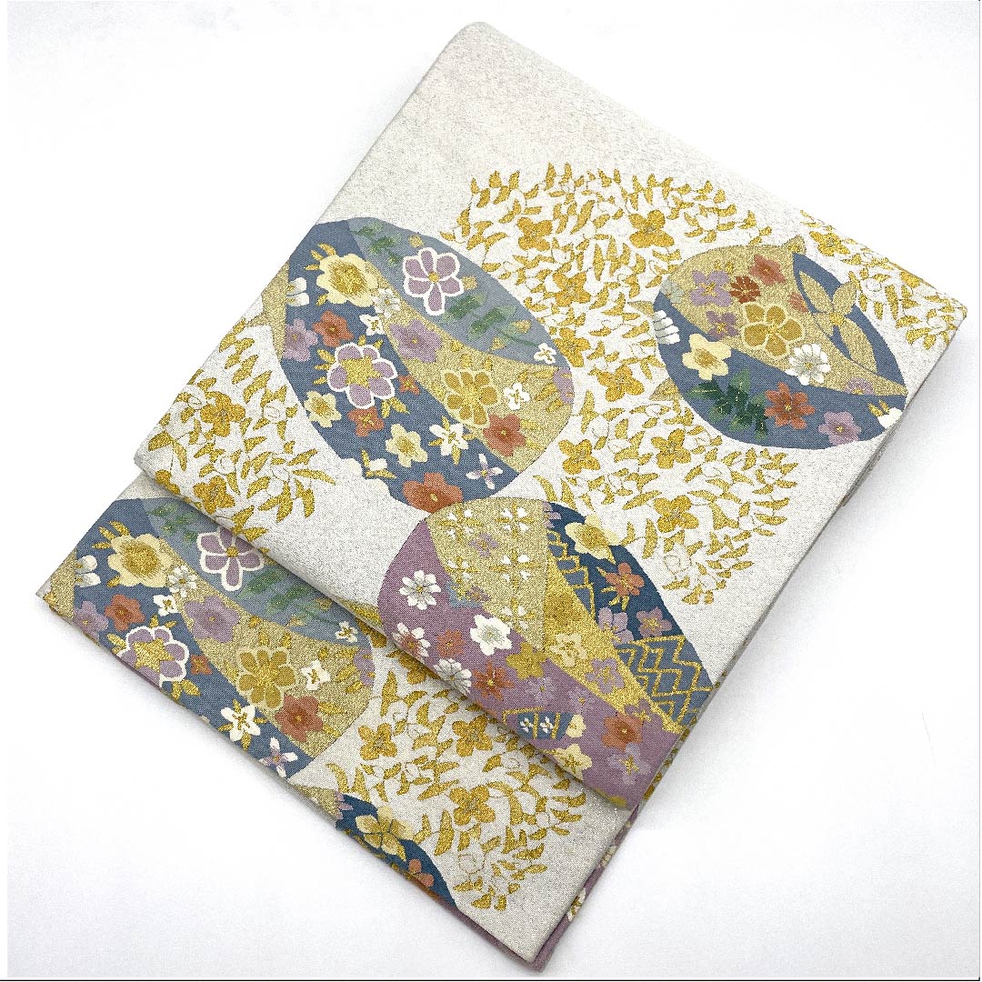 袋帯 銀白色色(ぎんはくしょくいろ) 小花 帯丈446cm 正絹 Bランク 六通 セミフォーマル 銀系 1123007174322