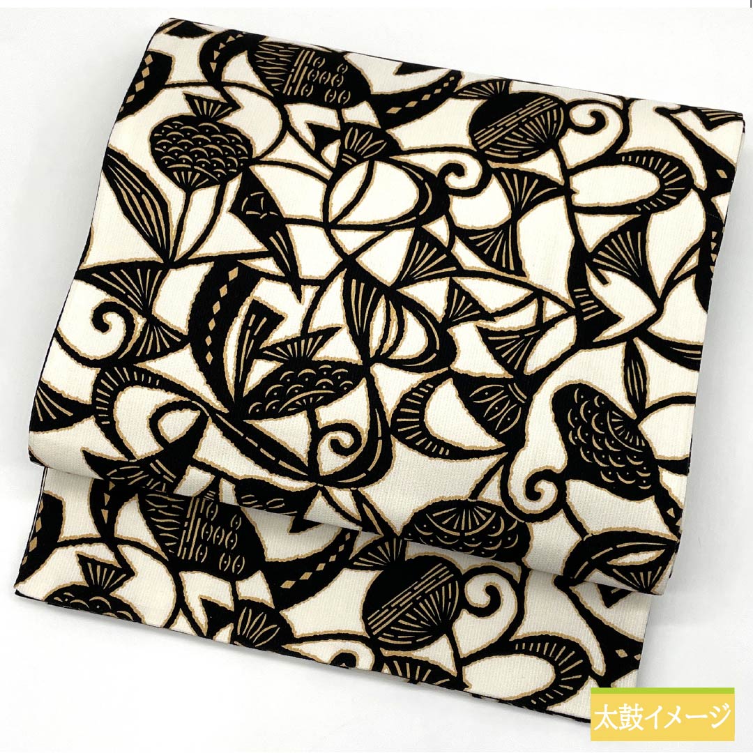 袋帯 正絹 胡粉色(ごふんいろ) 抽象模様 帯丈450cm Sランク 全通 カジュアル 白系 1123012482411