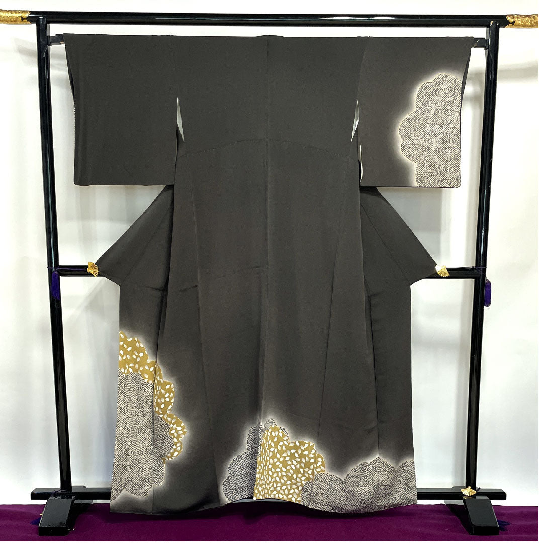訪問着 袷 身丈162cm 裄丈65cm 墨色 京友禅 桜 流水 正絹 Sランク 黒系 1112002012410