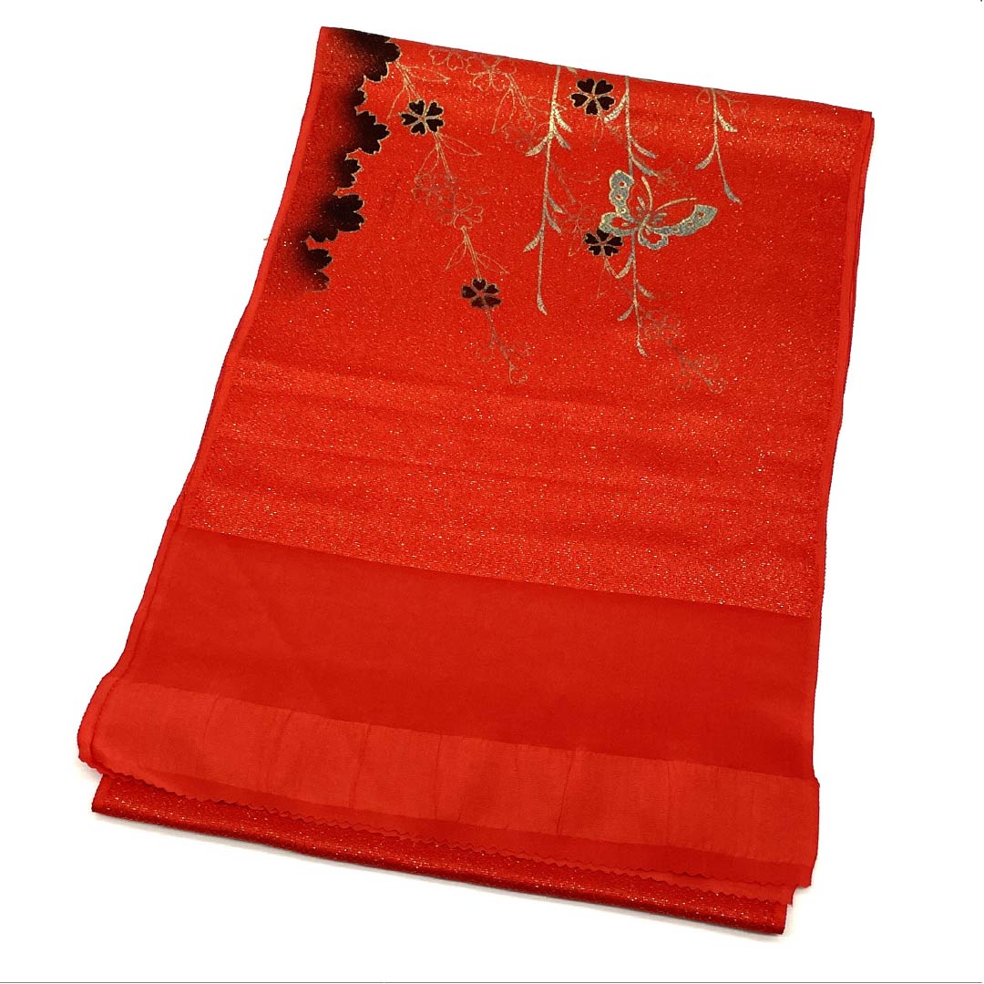 帯揚げ 正絹 Sランク セミフォーマル 赤色(あかいろ) 蝶 草花 長さ約178cm 幅約31cm 赤系 1136004042912