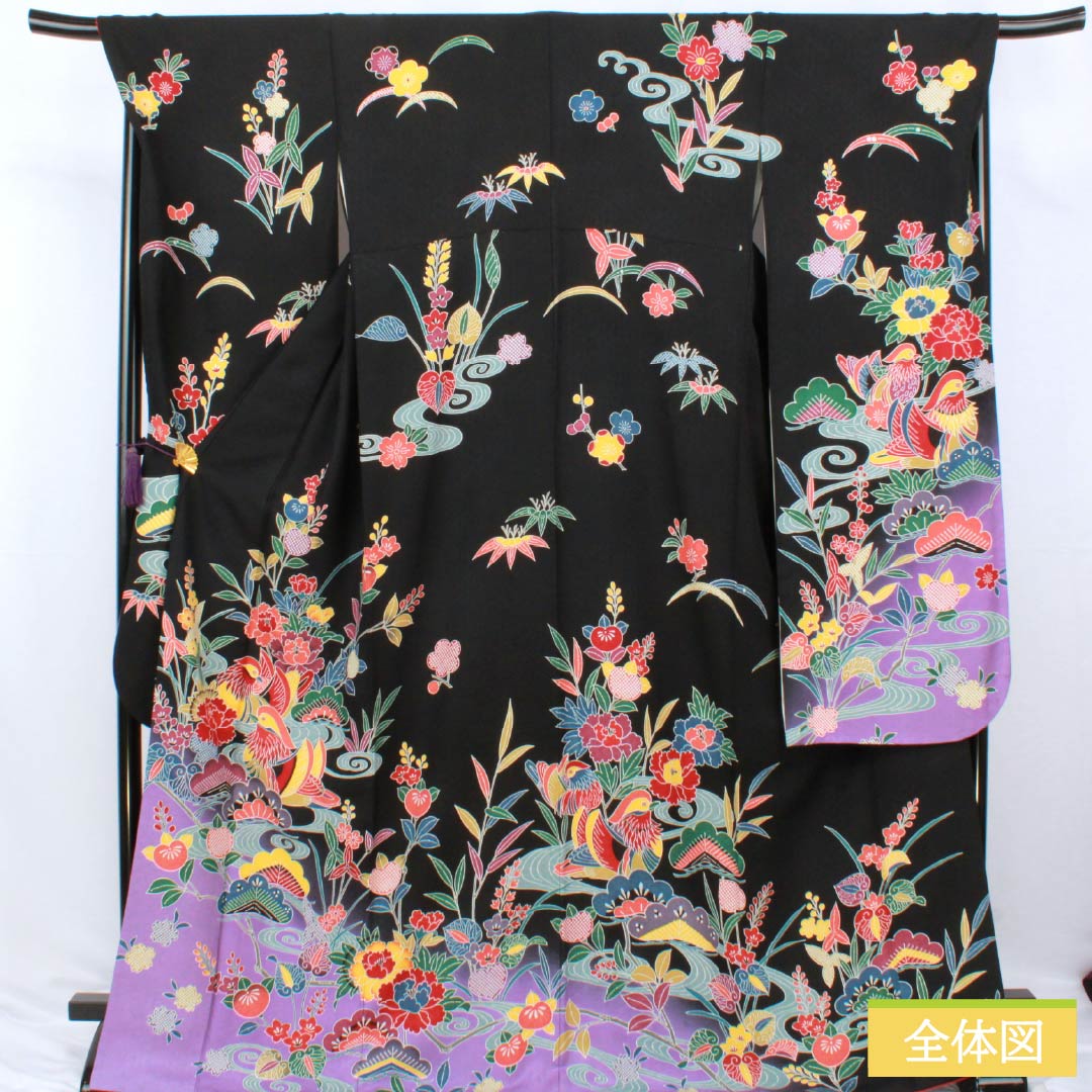振袖 正絹 Sランク 身丈170cm 裄丈70cm 袷 黒色 京紅型 吉祥文様 七宝 桜 黒系 1113002932610