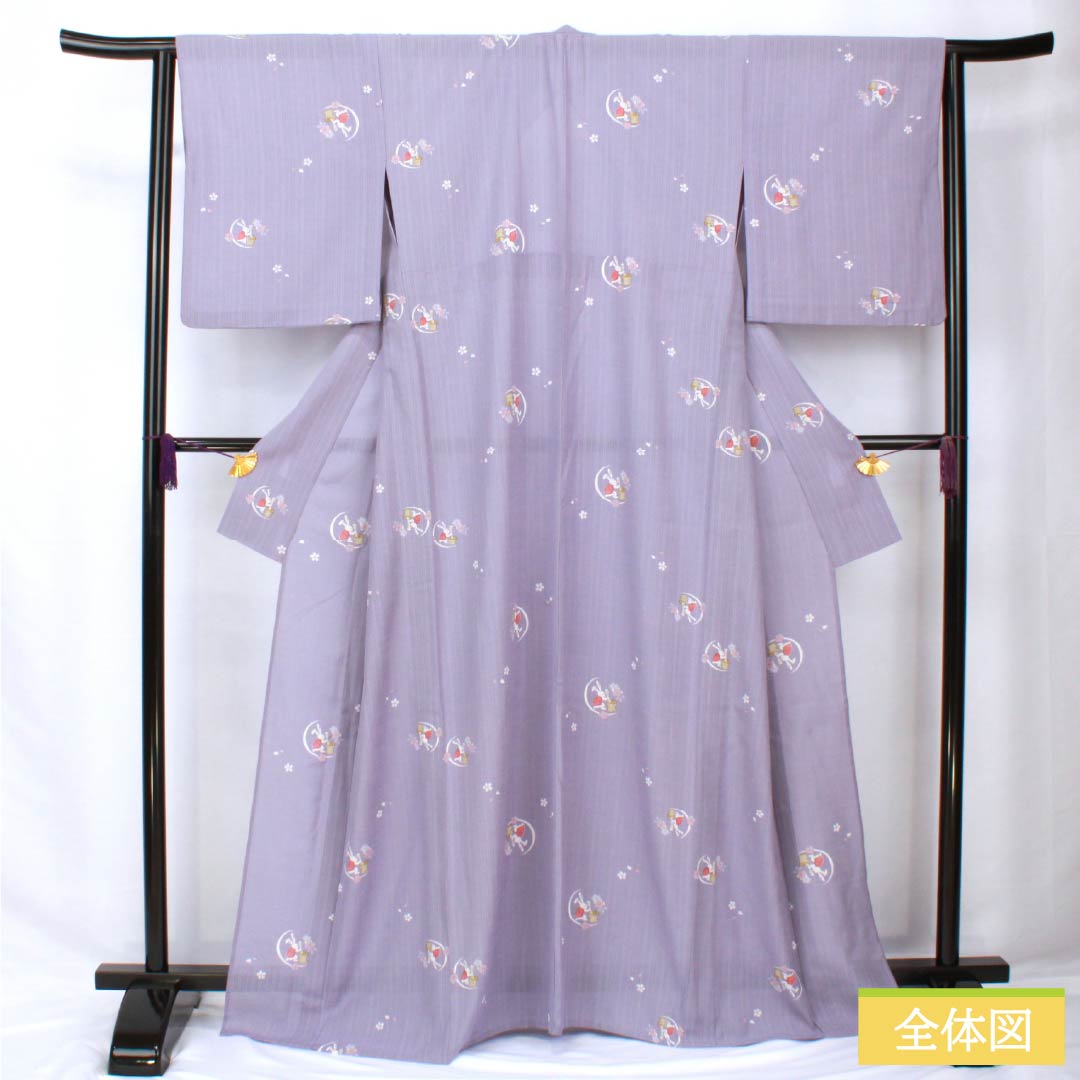 夏物 ポリエステル 小紋 身丈167cm 裄丈64.5cm 紅湊色(べにみなといろ) 月見うさぎ 洗える着物 紗 Sランク 紫系 1132002172520