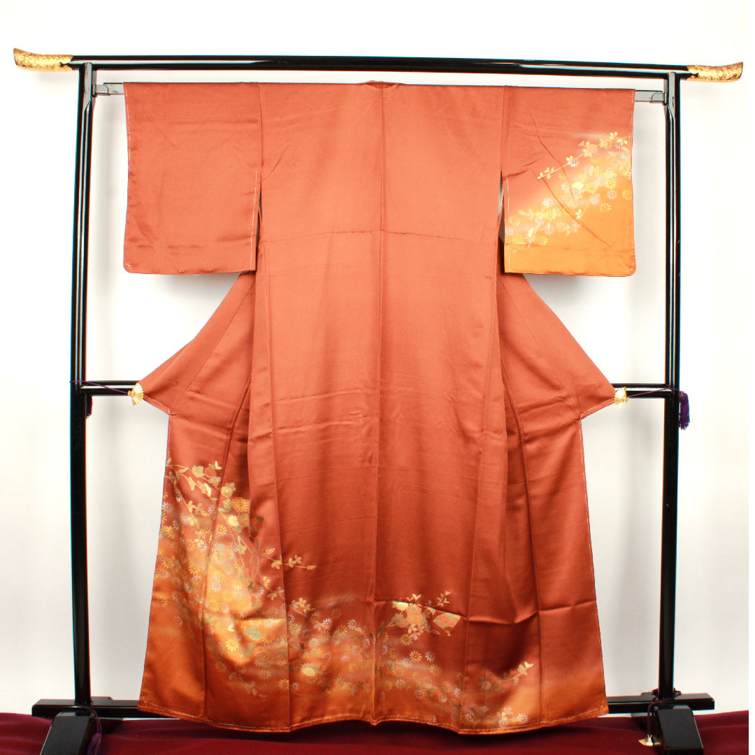 訪問着 袷 身丈161cm 裄丈63cm 唐茶色 金彩加工 菊 正絹 Sランク 茶系 1112001532414